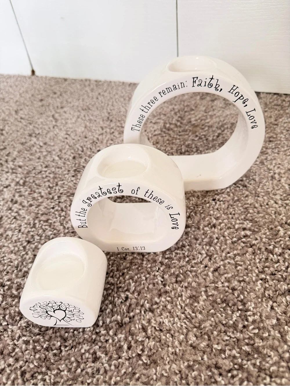 Faith Hope Love White Ceramic Nesting Candle Holders - Set of 3